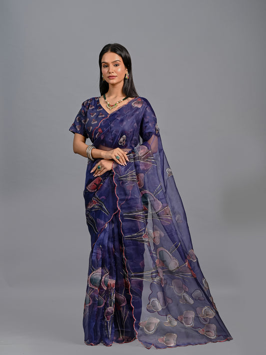 Midnight Bloom Hand-Painted Poly Organza Saree