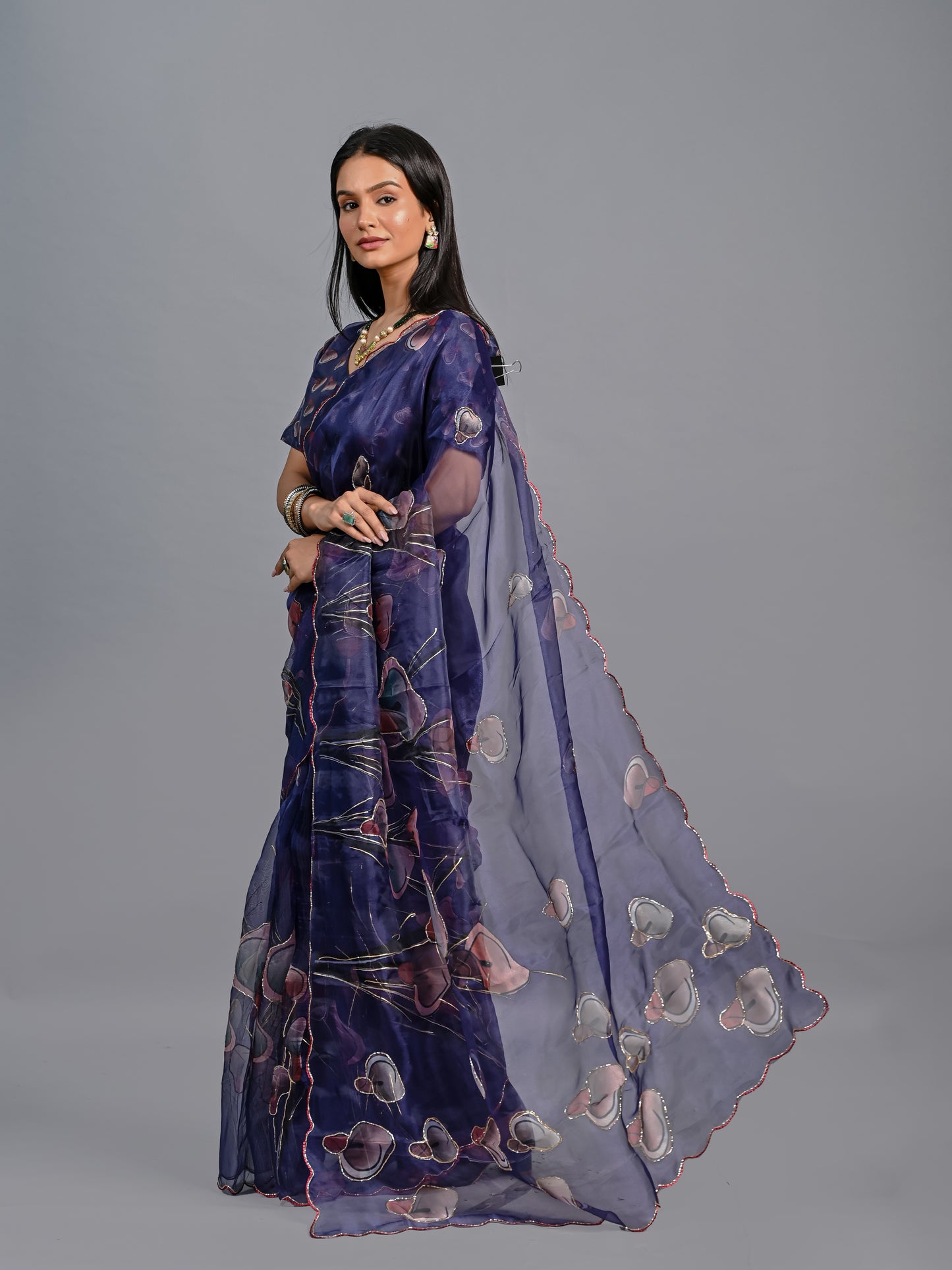Midnight Bloom Hand-Painted Poly Organza Saree