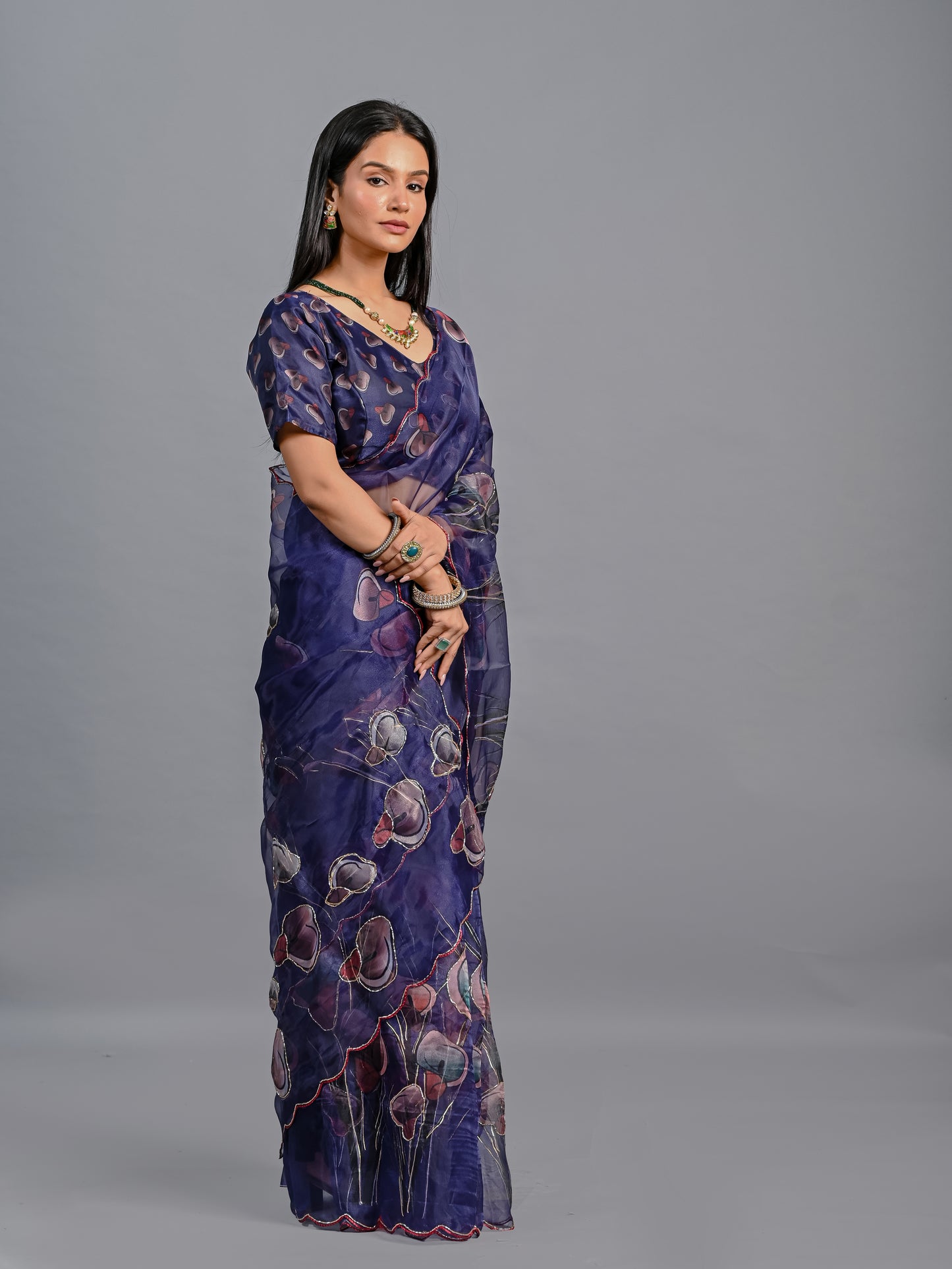 Midnight Bloom Hand-Painted Poly Organza Saree