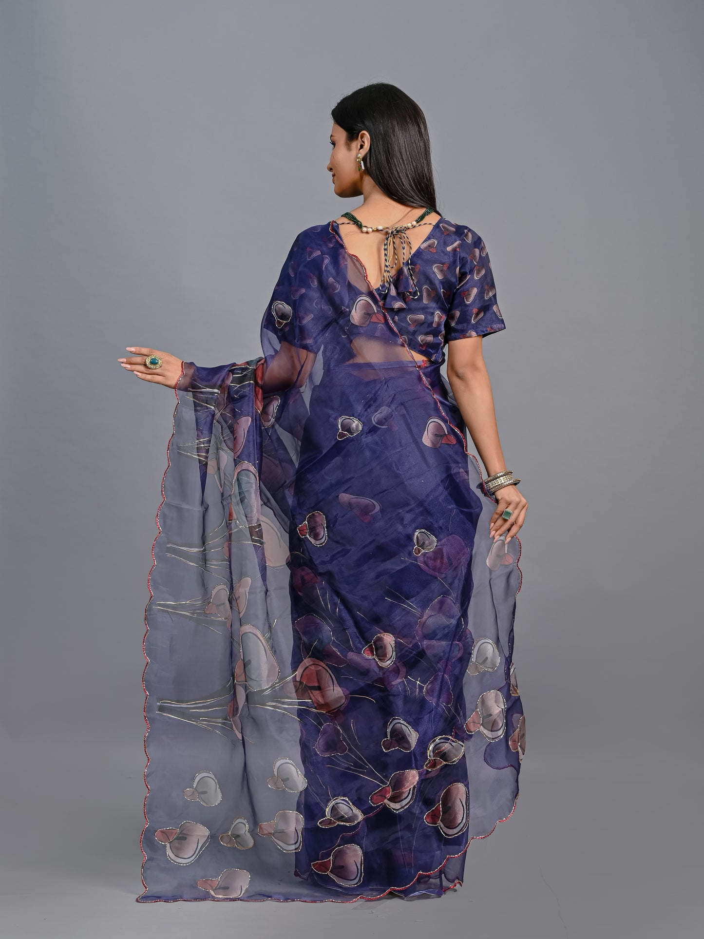 Midnight Bloom Hand-Painted Poly Organza Saree