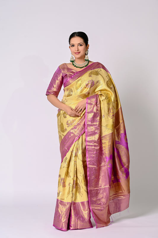 Champagne Gold Banarasi Silk Saree with Magenta Contrast