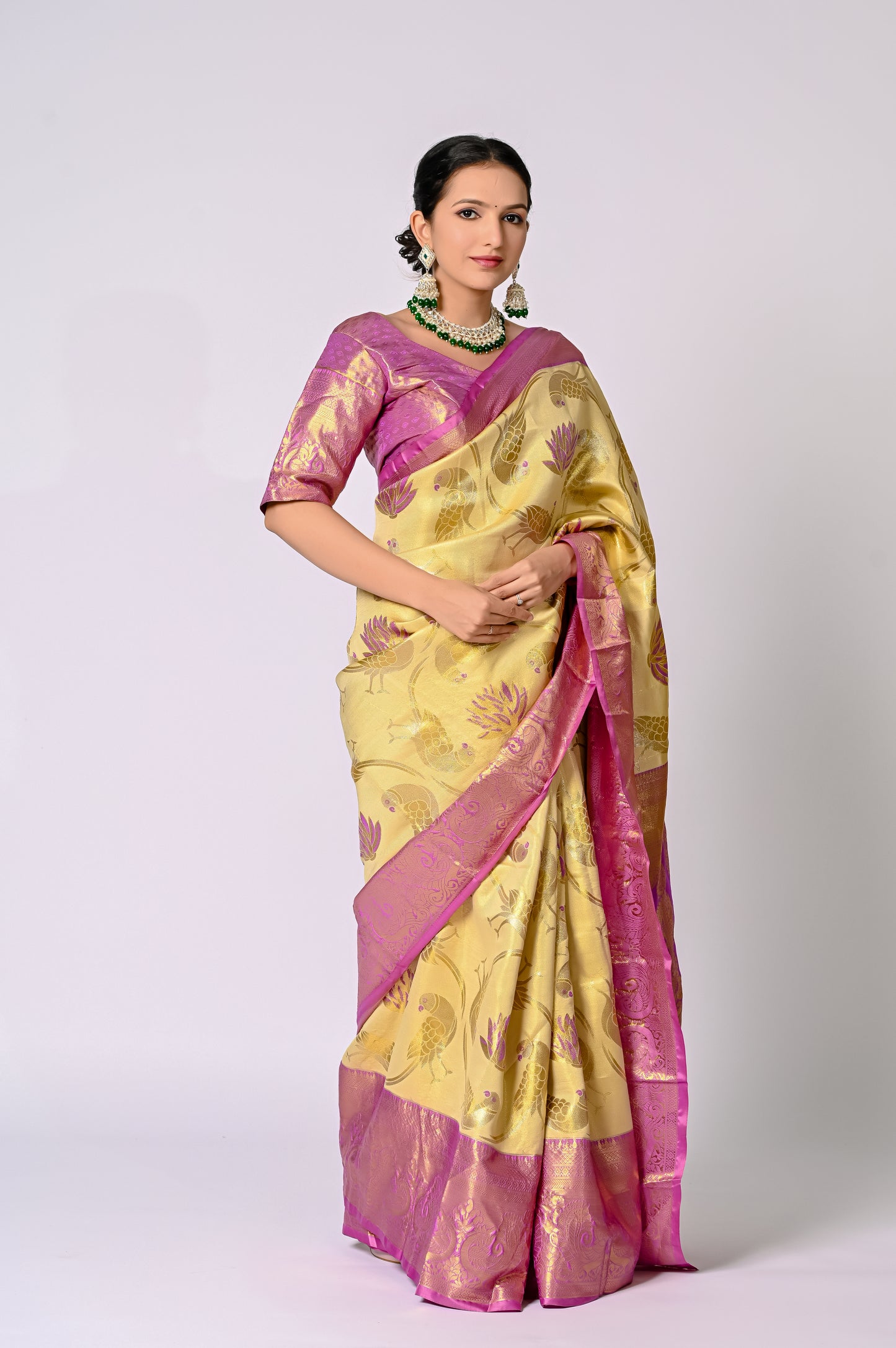 Champagne Gold Banarasi Silk Saree with Magenta Contrast