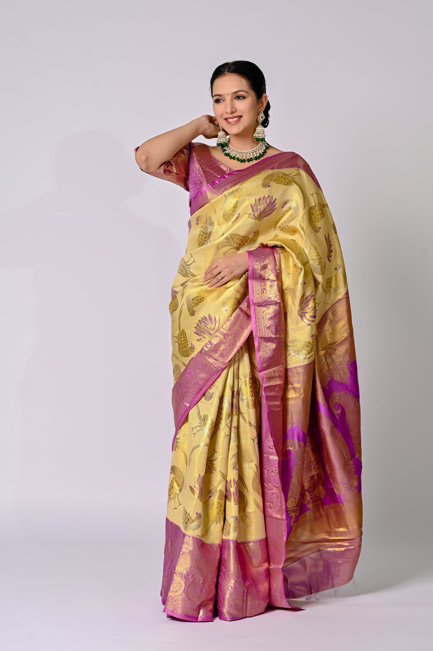 Champagne Gold Banarasi Silk Saree with Magenta Contrast