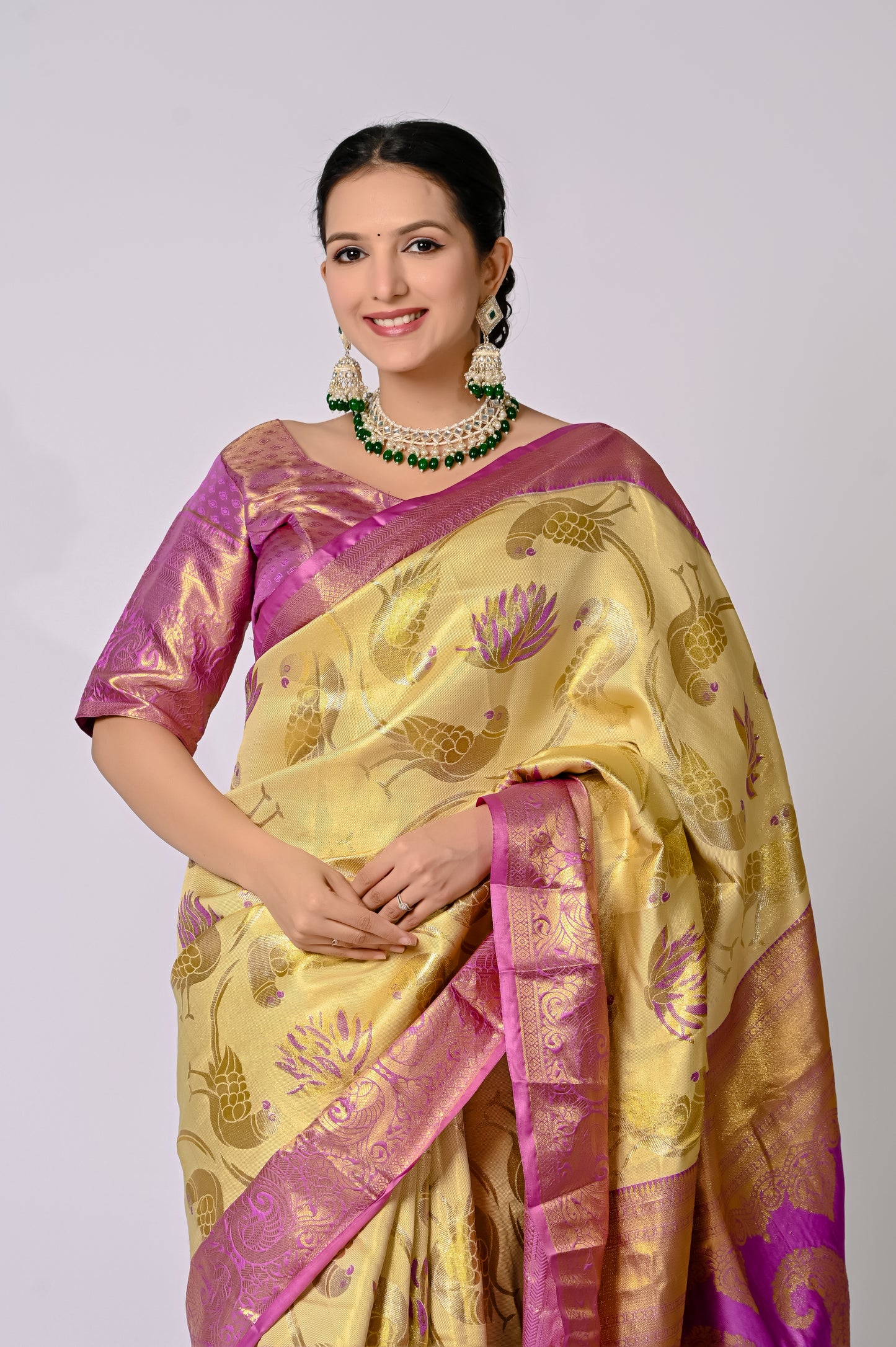 Champagne Gold Banarasi Silk Saree with Magenta Contrast