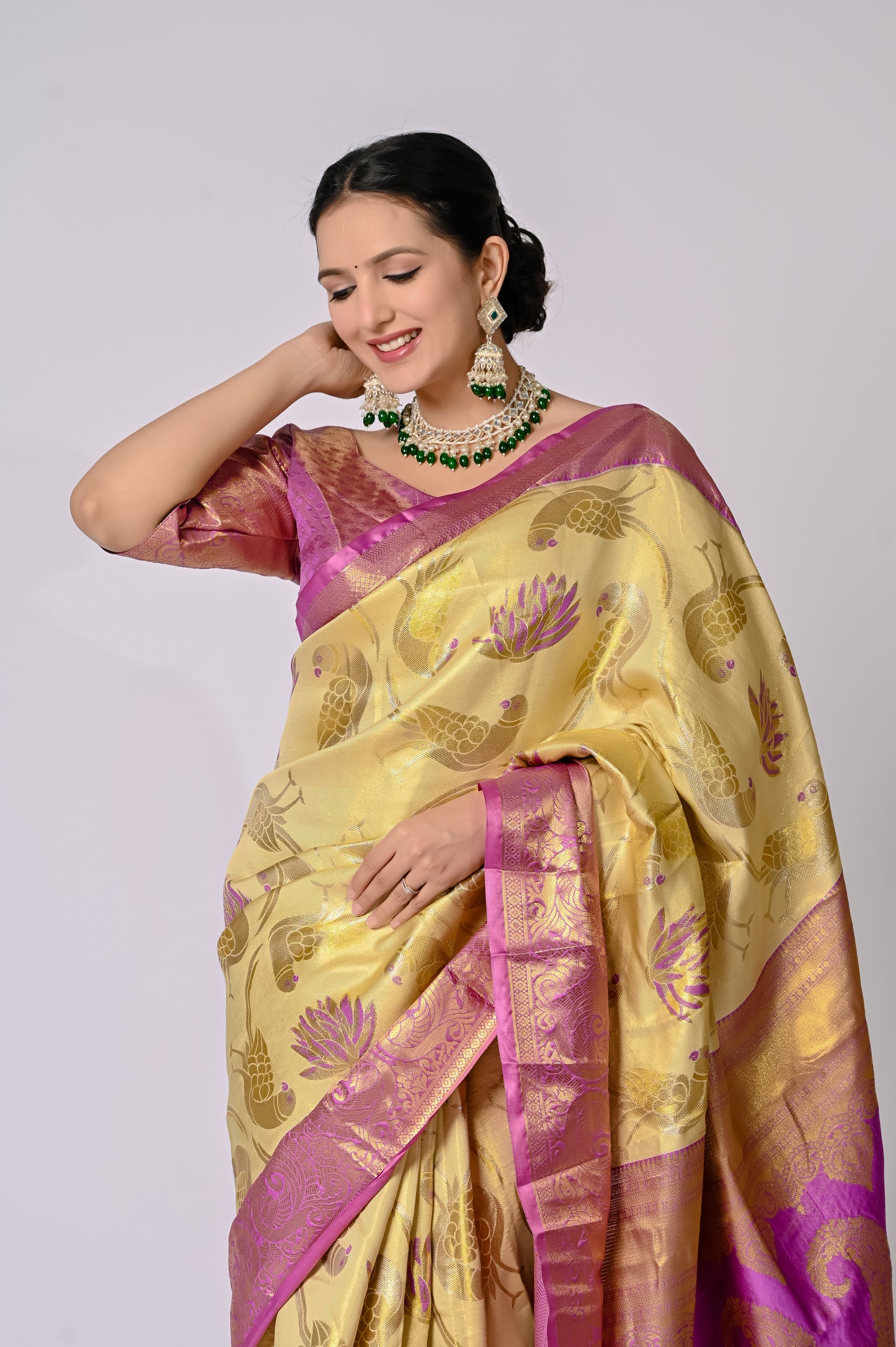 Champagne Gold Banarasi Silk Saree with Magenta Contrast