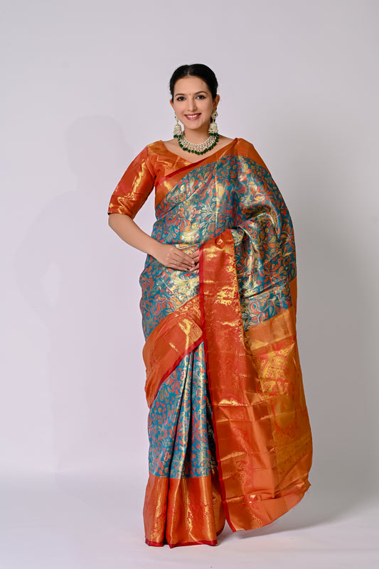 Royal Turquoise and Copper Banarasi Jaquard Silk Saree