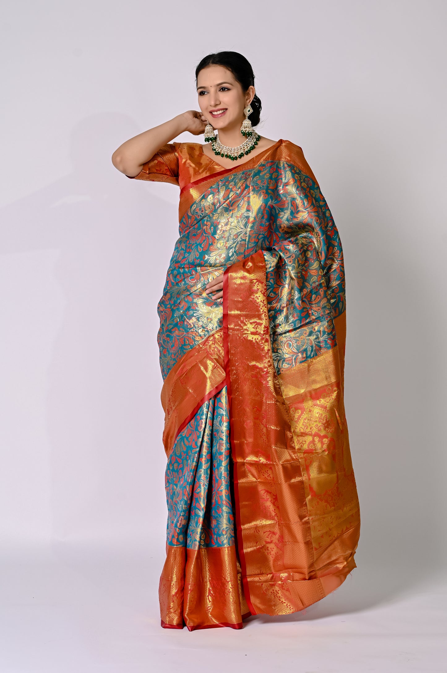 Royal Turquoise and Copper Banarasi Jaquard Silk Saree