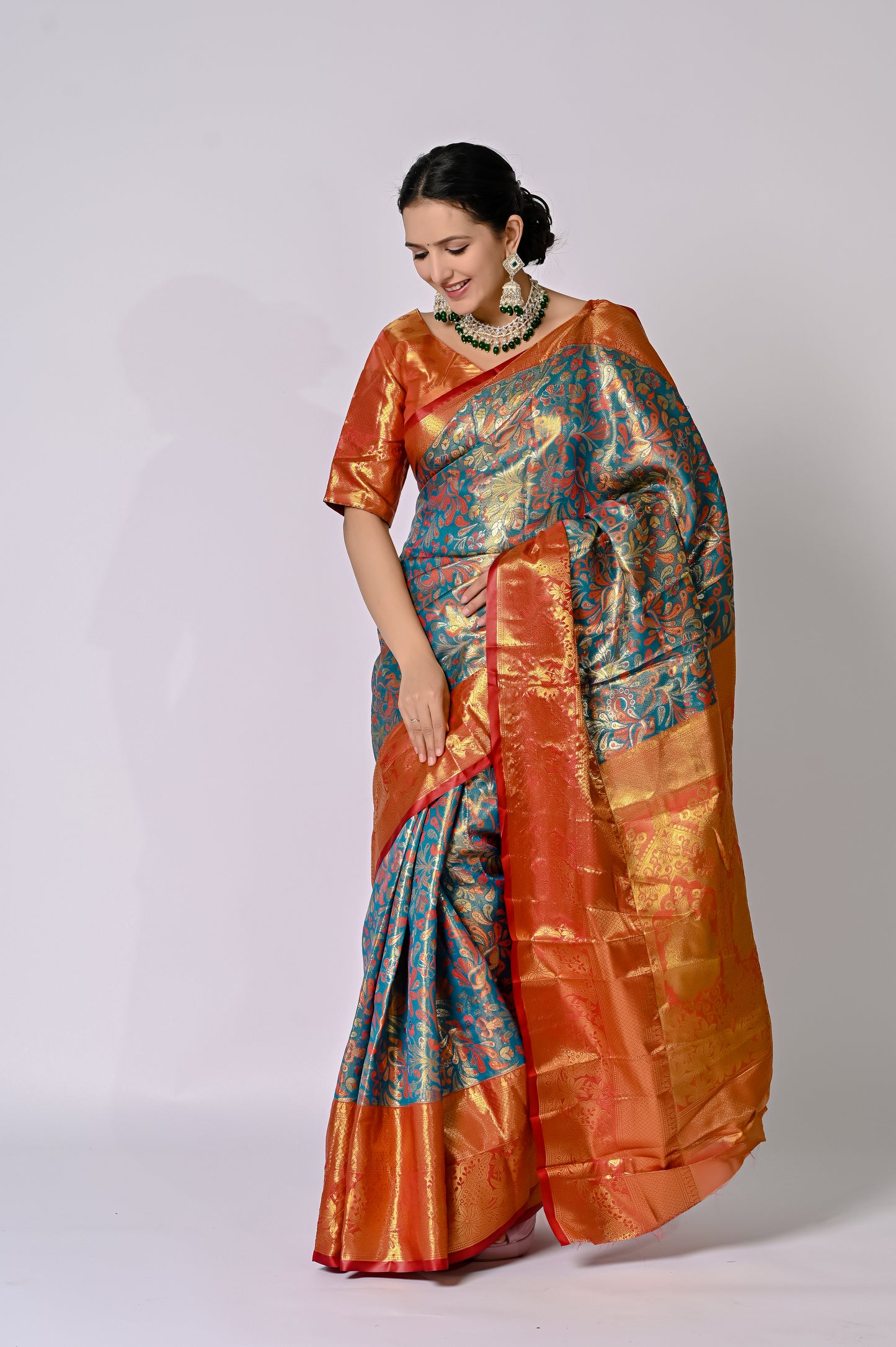 Royal Turquoise and Copper Banarasi Jaquard Silk Saree
