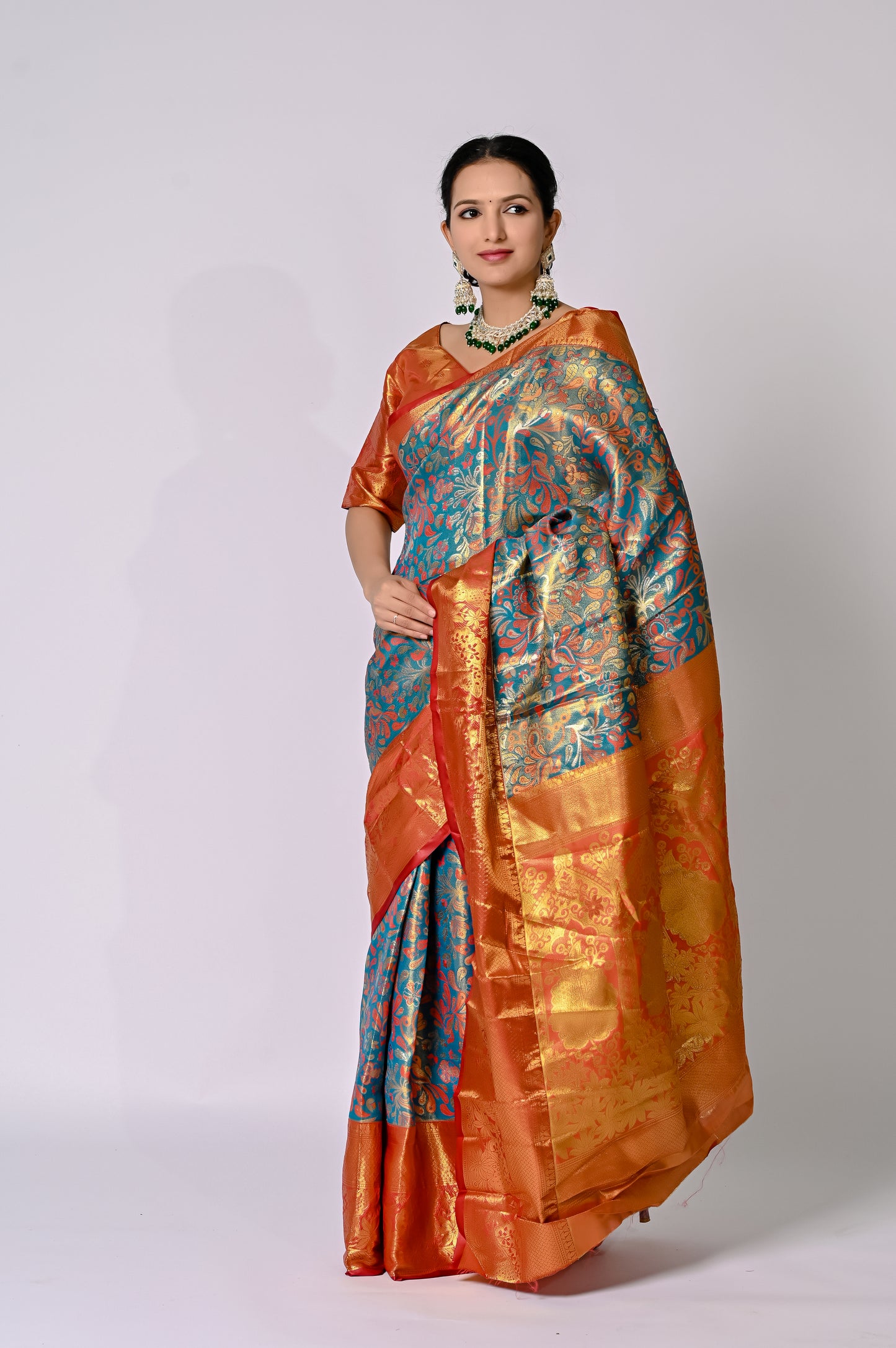 Royal Turquoise and Copper Banarasi Jaquard Silk Saree