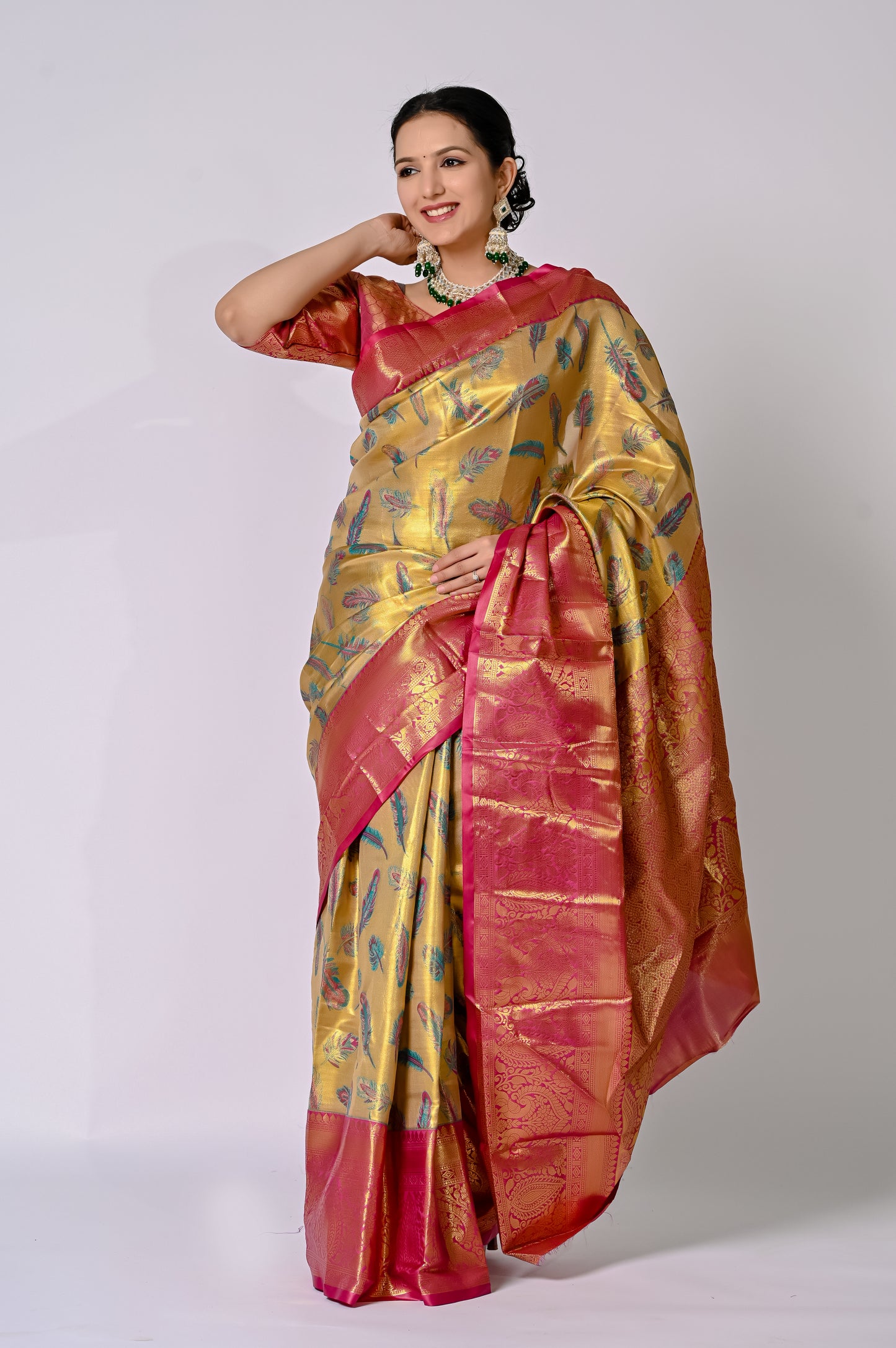 Golden Peacock Feather Banarasi Jaquard Silk Saree