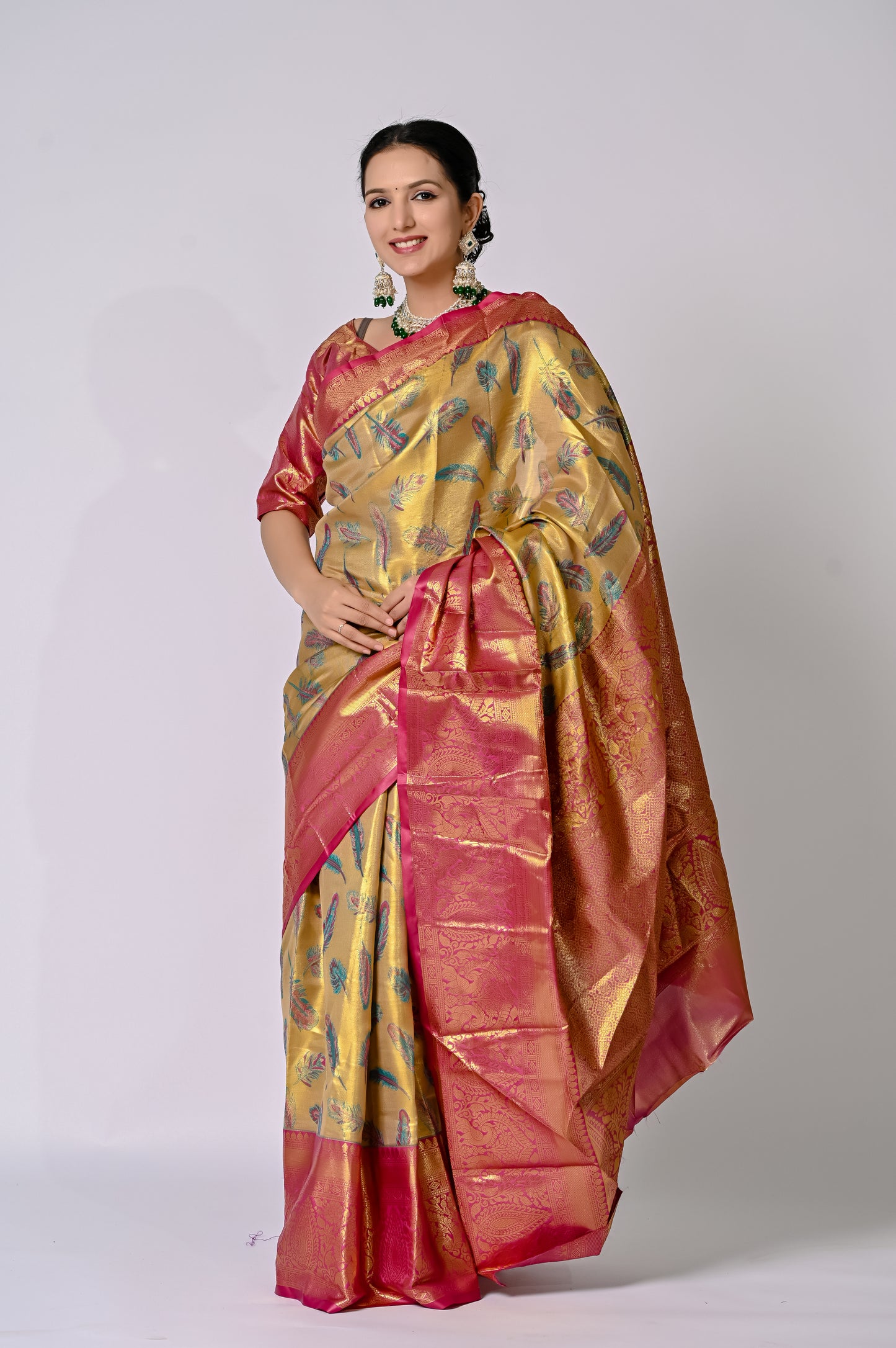 Golden Peacock Feather Banarasi Jaquard Silk Saree