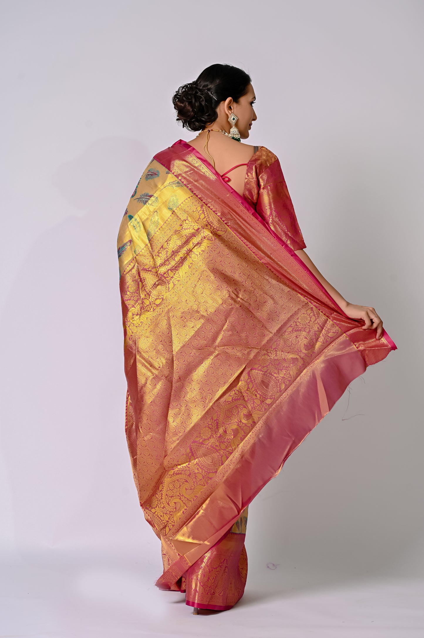 Golden Peacock Feather Banarasi Jaquard Silk Saree