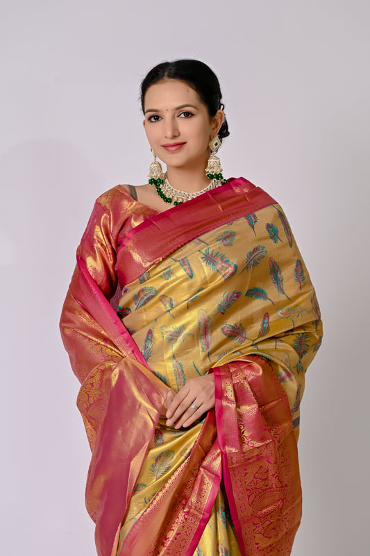 Golden Peacock Feather Banarasi Jaquard Silk Saree
