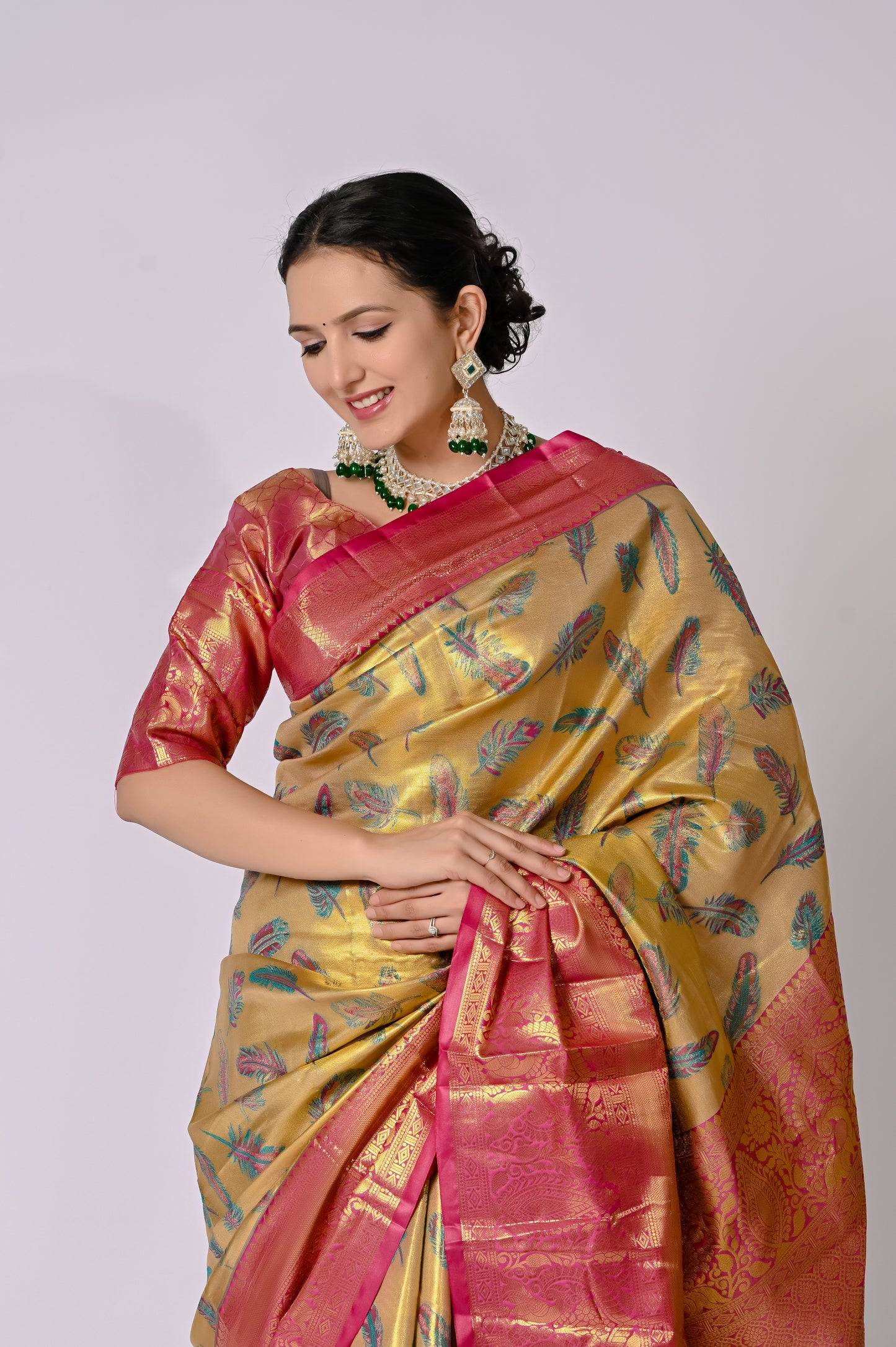Golden Peacock Feather Banarasi Jaquard Silk Saree