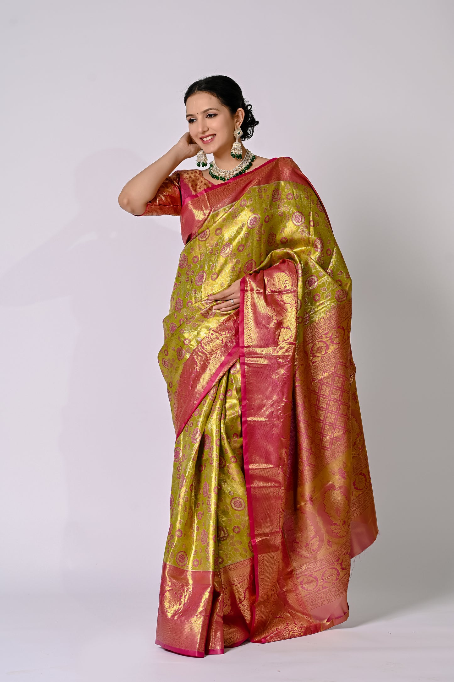 Royal Chartreuse Banarasi Silk Saree with Rani Pink Contrast
