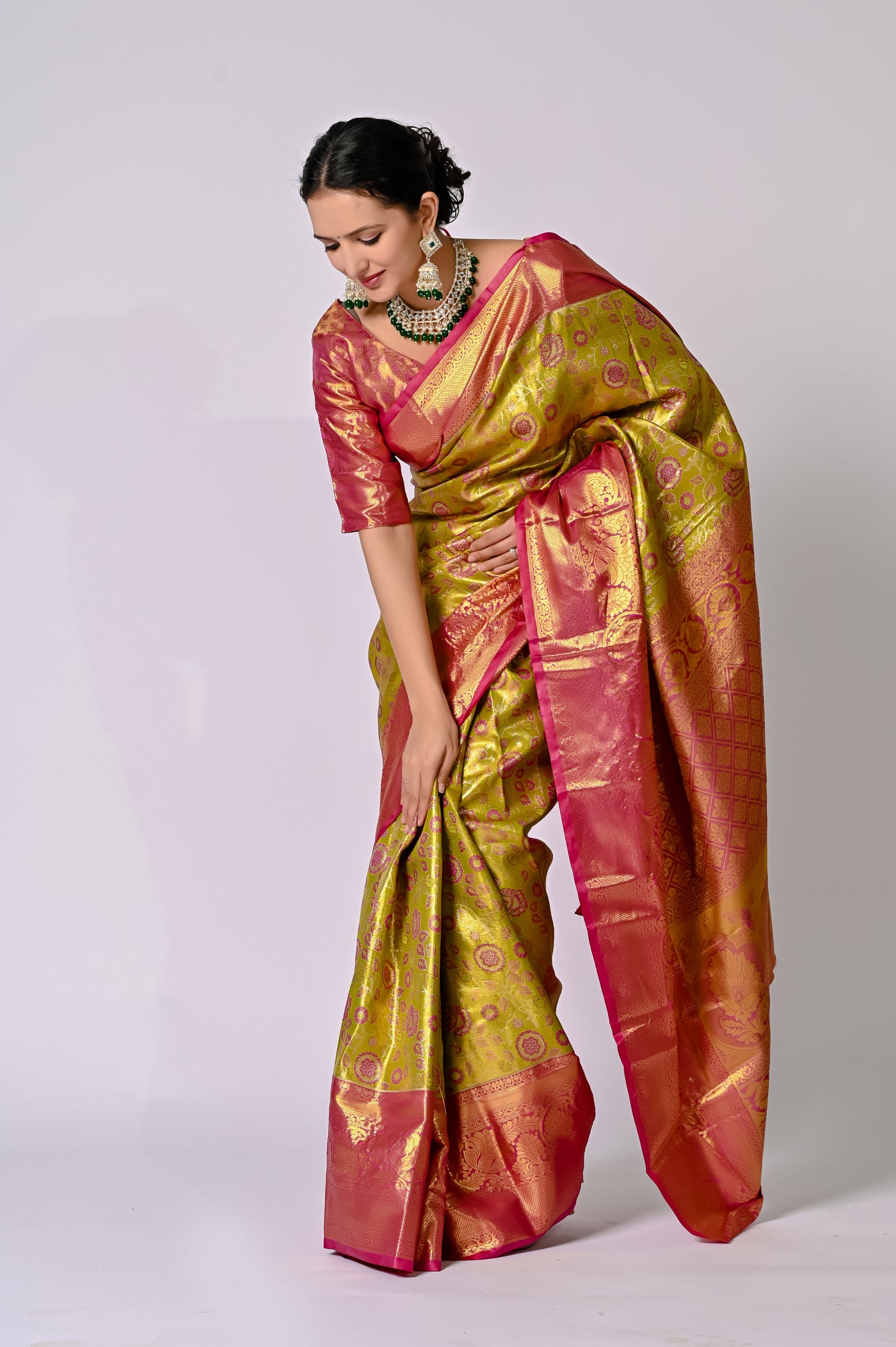 Royal Chartreuse Banarasi Silk Saree with Rani Pink Contrast