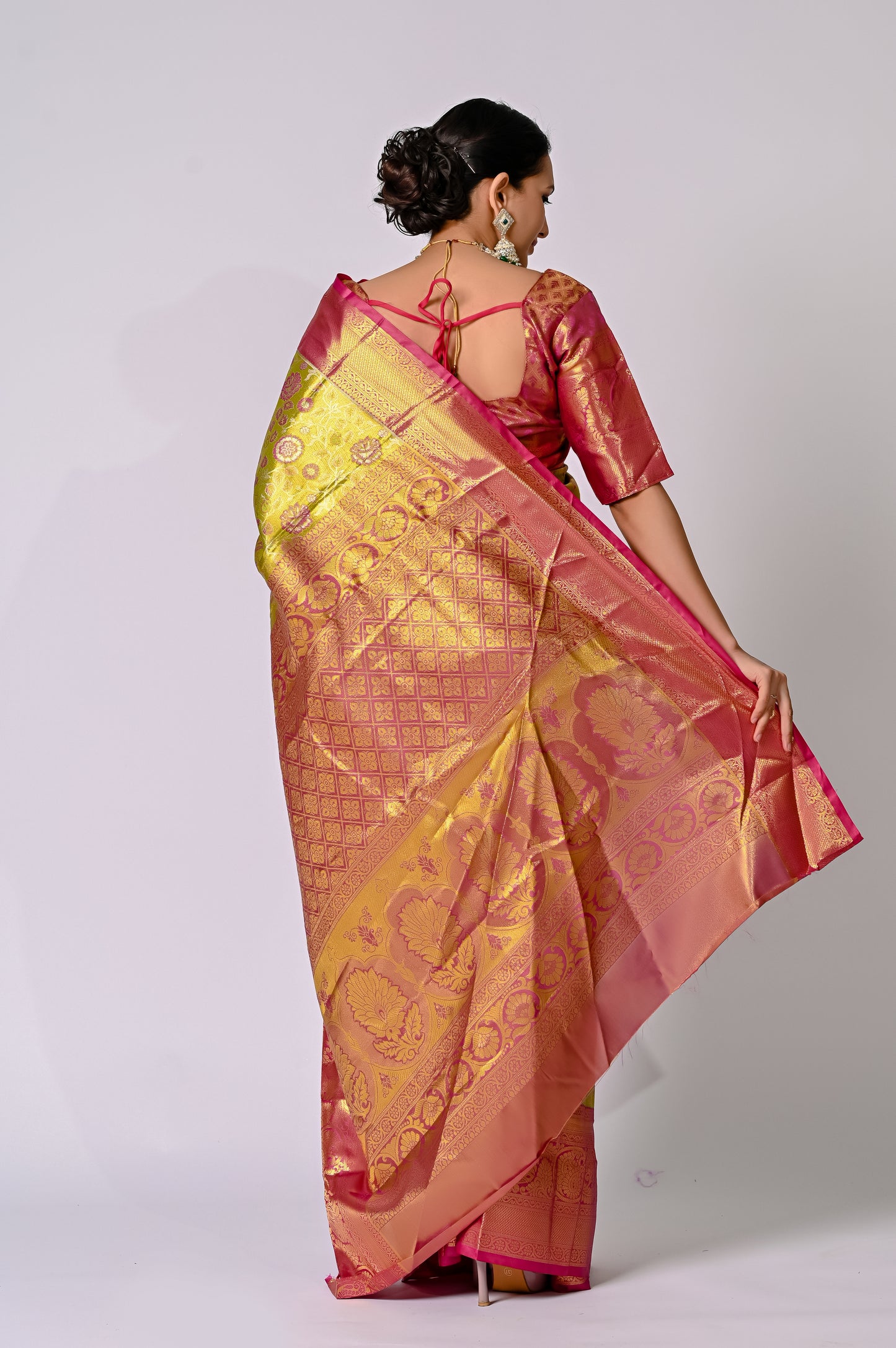 Royal Chartreuse Banarasi Silk Saree with Rani Pink Contrast