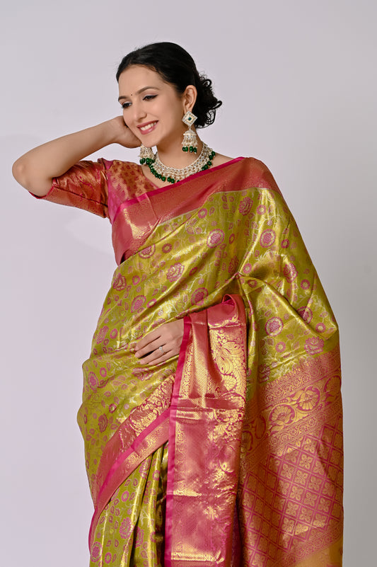 Royal Chartreuse Banarasi Silk Saree with Rani Pink Contrast