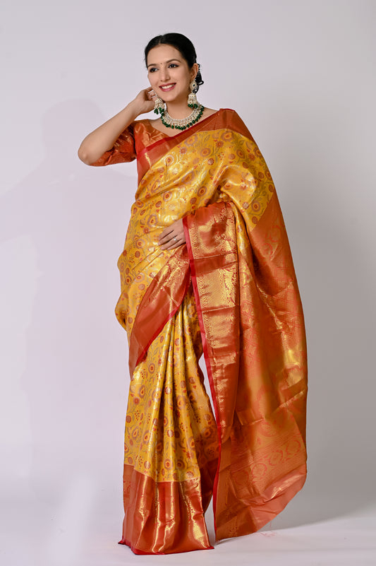 Golden Crimson Heritage Banarasi Jaquard Silk Saree