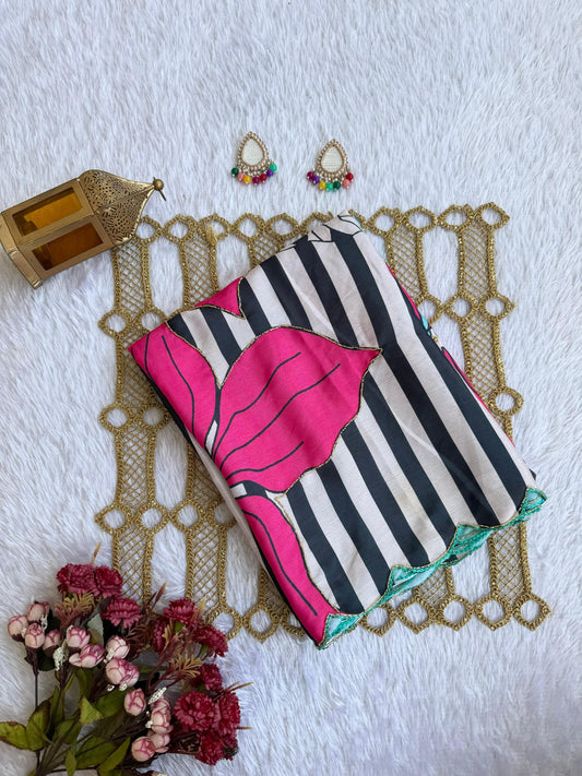 Stylish Pink Leaf & Stripe Designer Saree with Blouse Piece