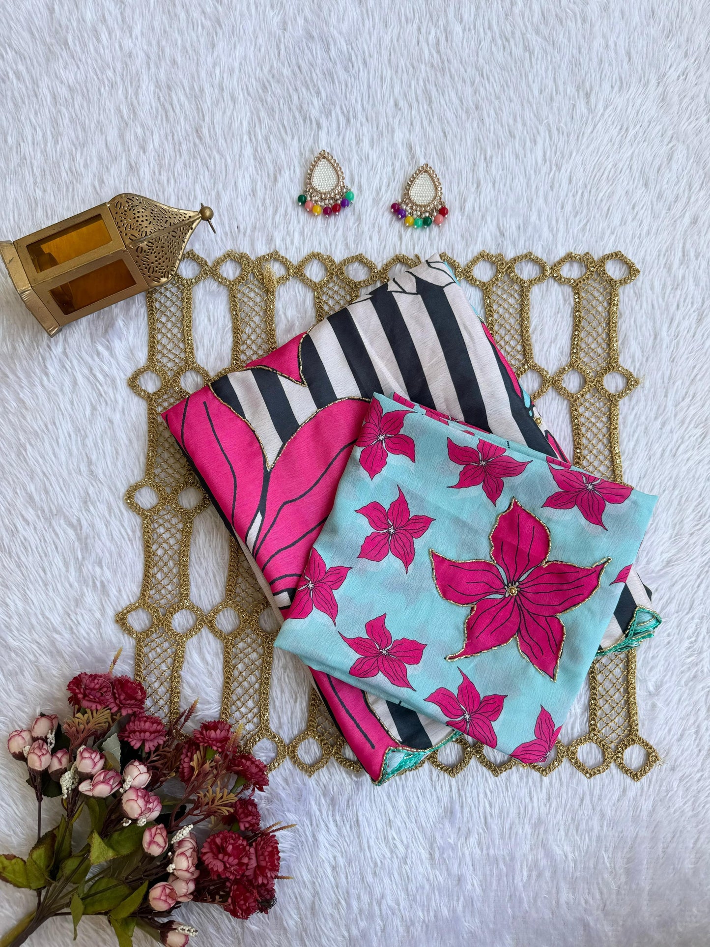 Stylish Pink Leaf & Stripe Designer Saree with Blouse Piece