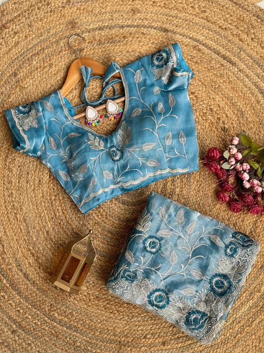 Cerulean Silk Jimmy Choo Saree with Silver Zari Embroidery