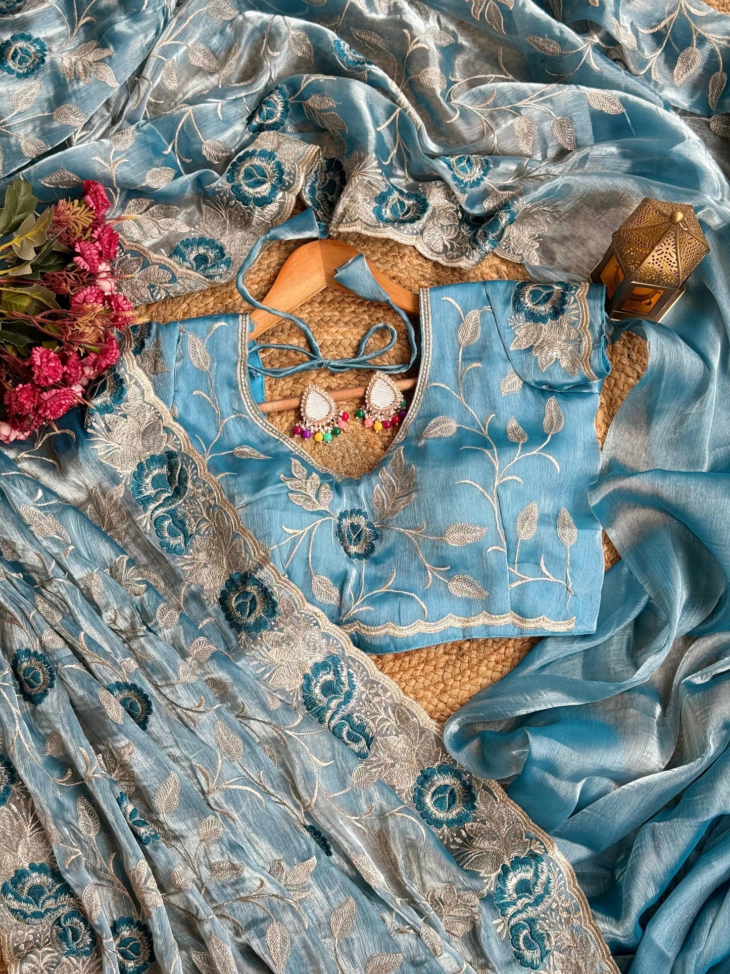 Cerulean Silk Jimmy Choo Saree with Silver Zari Embroidery