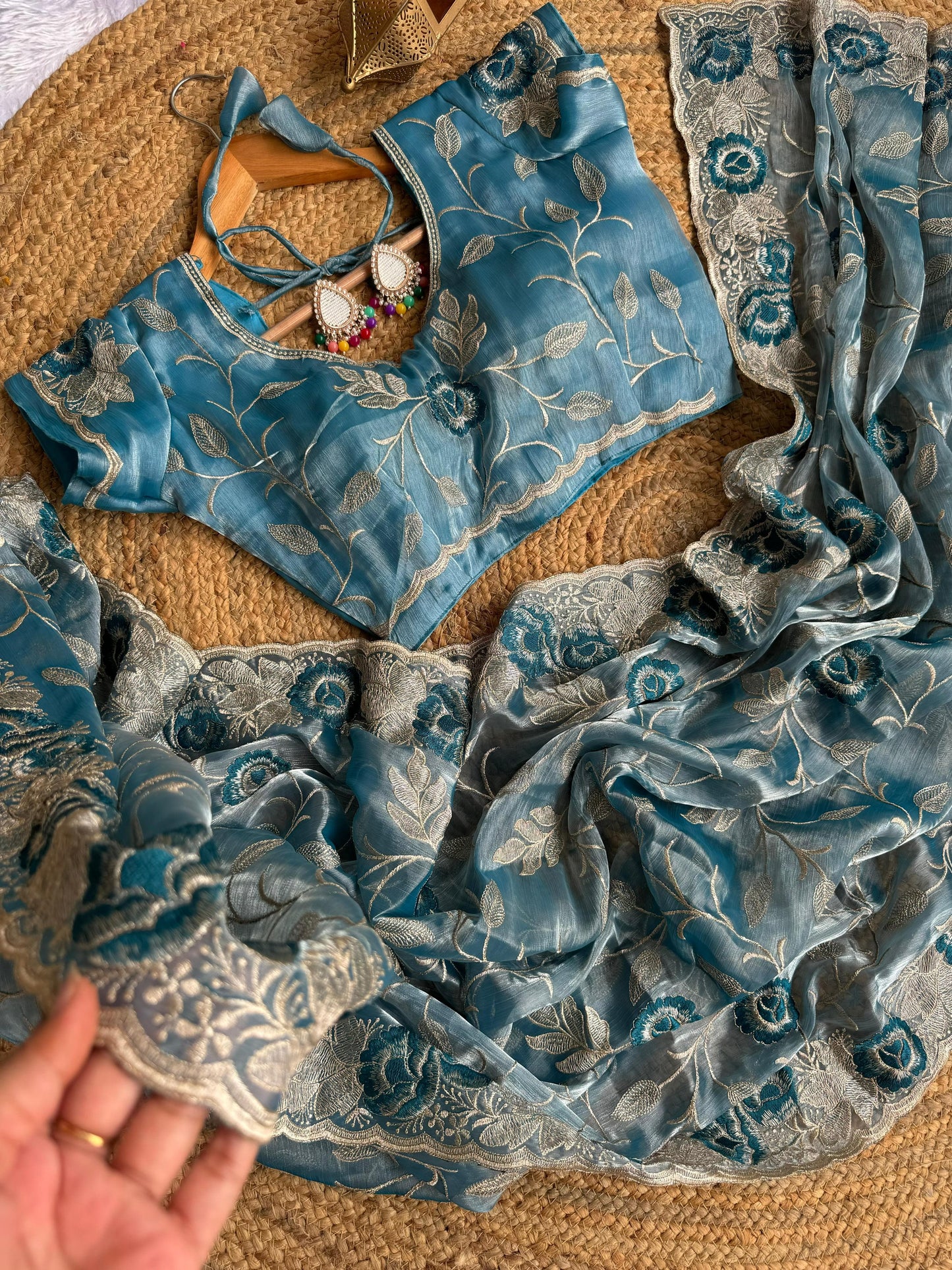 Cerulean Silk Jimmy Choo Saree with Silver Zari Embroidery