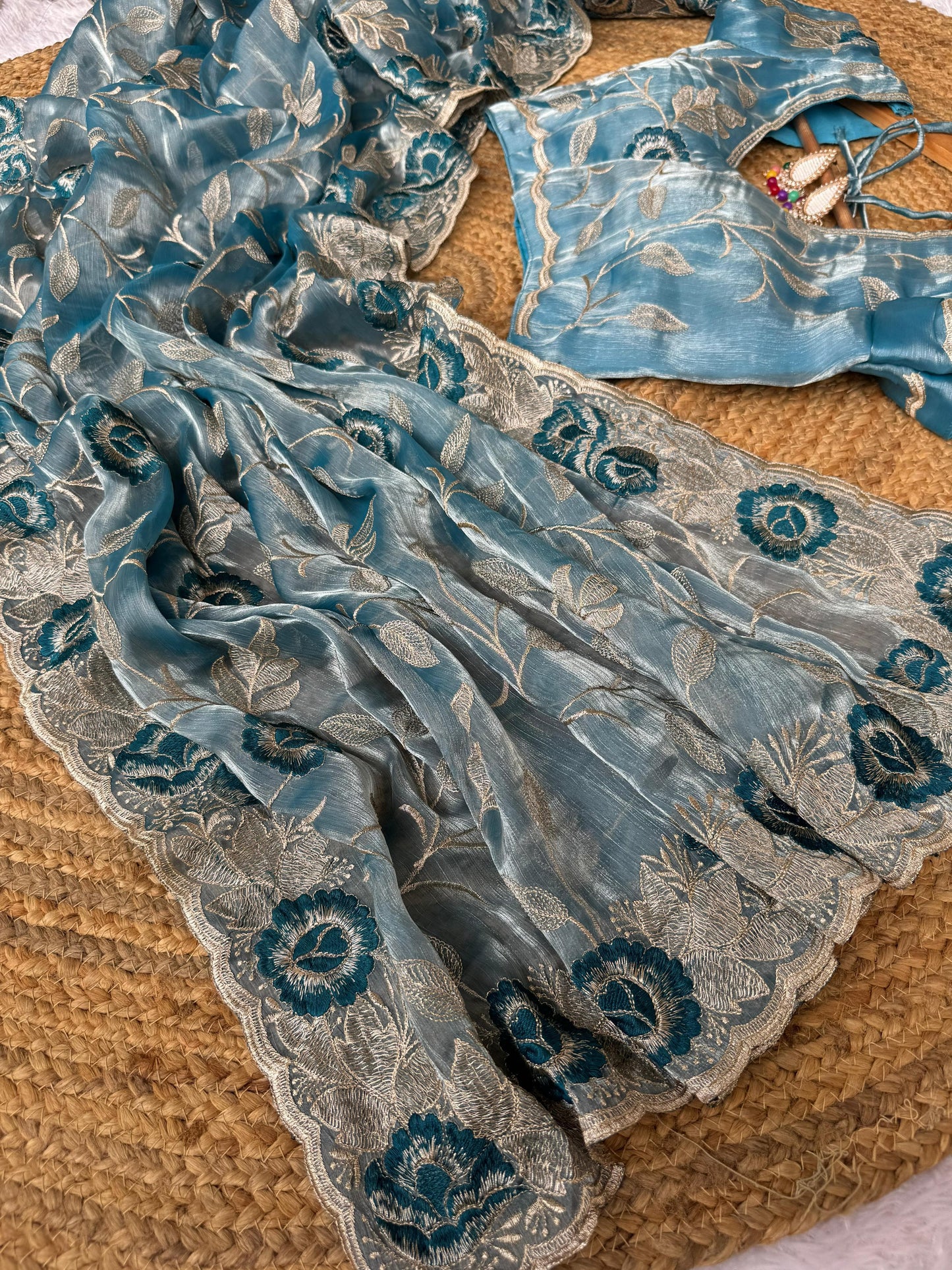 Cerulean Silk Jimmy Choo Saree with Silver Zari Embroidery