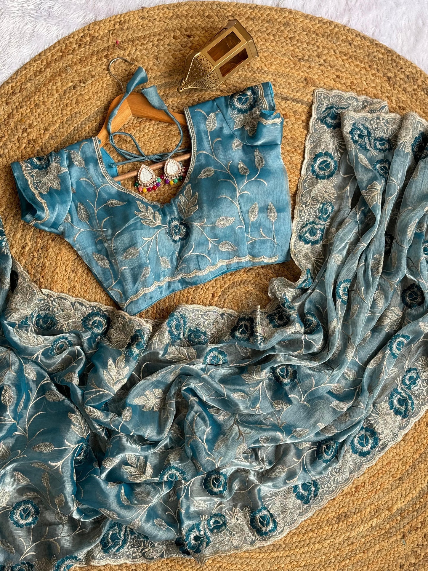 Cerulean Silk Jimmy Choo Saree with Silver Zari Embroidery