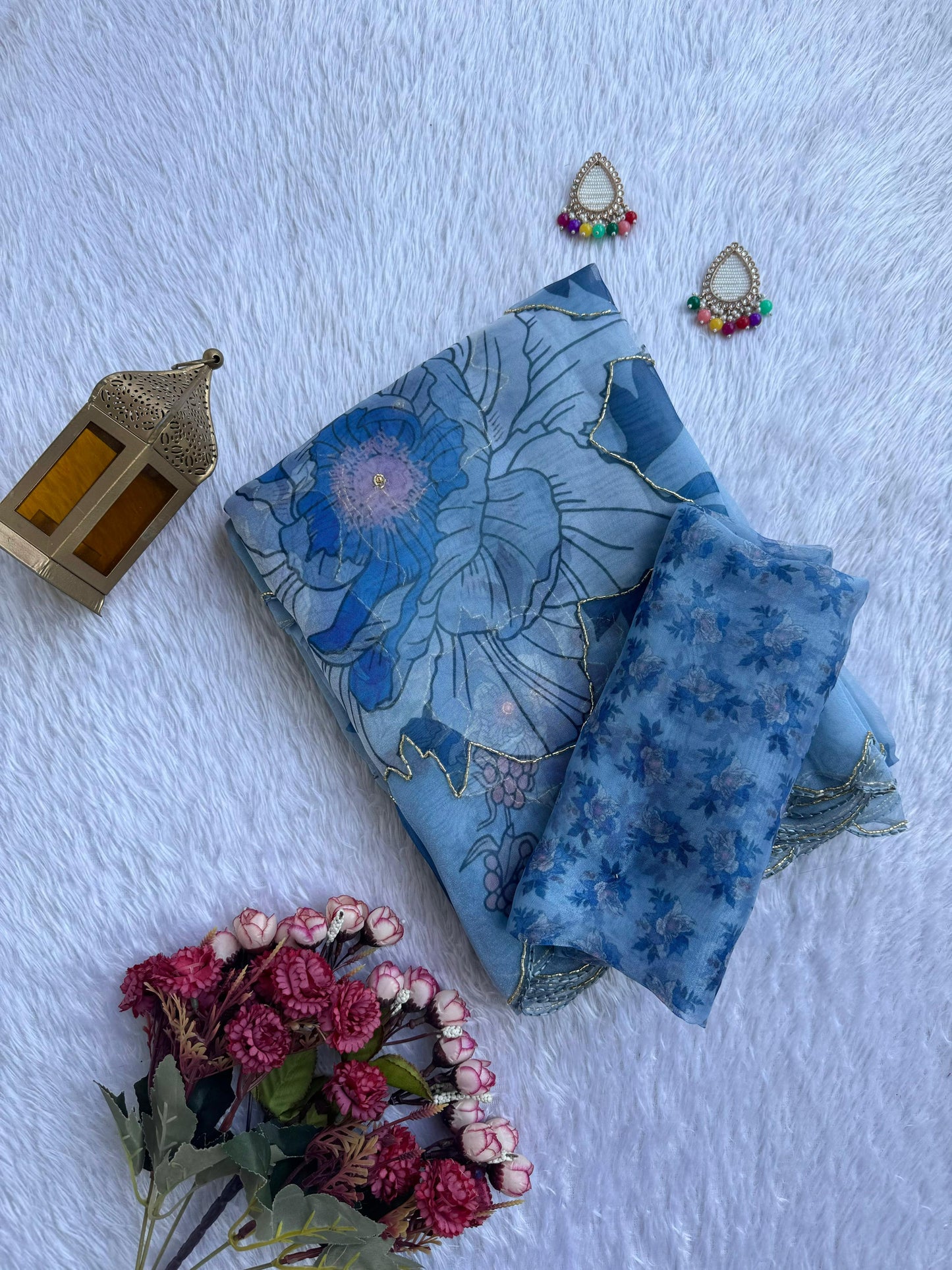 Azure Blossom Floral Poly Organza Saree with Cutwork Border
