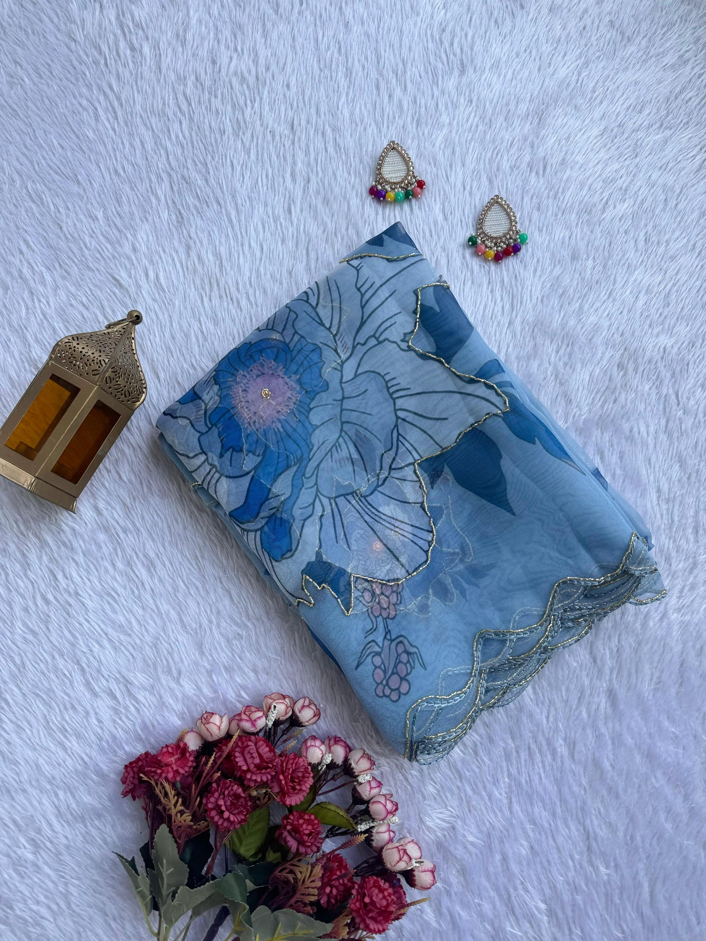 Azure Blossom Floral Poly Organza Saree with Cutwork Border