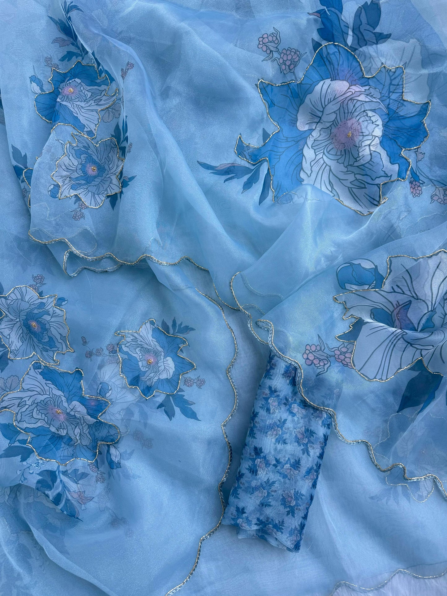 Azure Blossom Floral Poly Organza Saree with Cutwork Border