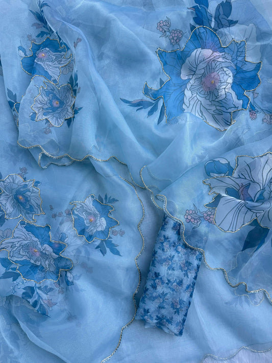 Azure Blossom Floral Poly Organza Saree with Cutwork Border