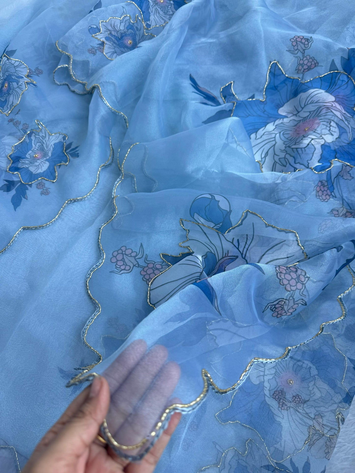 Azure Blossom Floral Poly Organza Saree with Cutwork Border