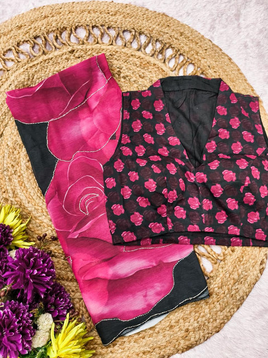Ebony Rose Hand Work Chiffon Saree Set
