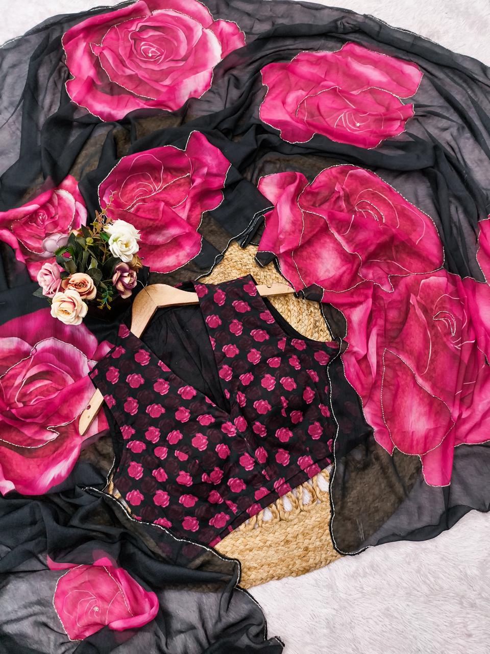 Ebony Rose Hand Work Chiffon Saree Set