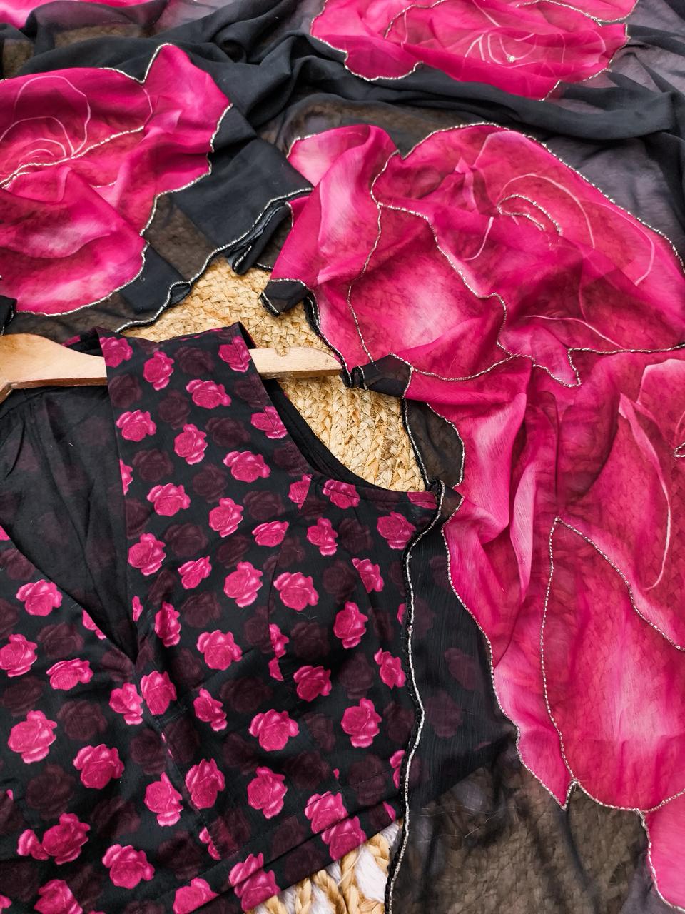 Ebony Rose Hand Work Chiffon Saree Set