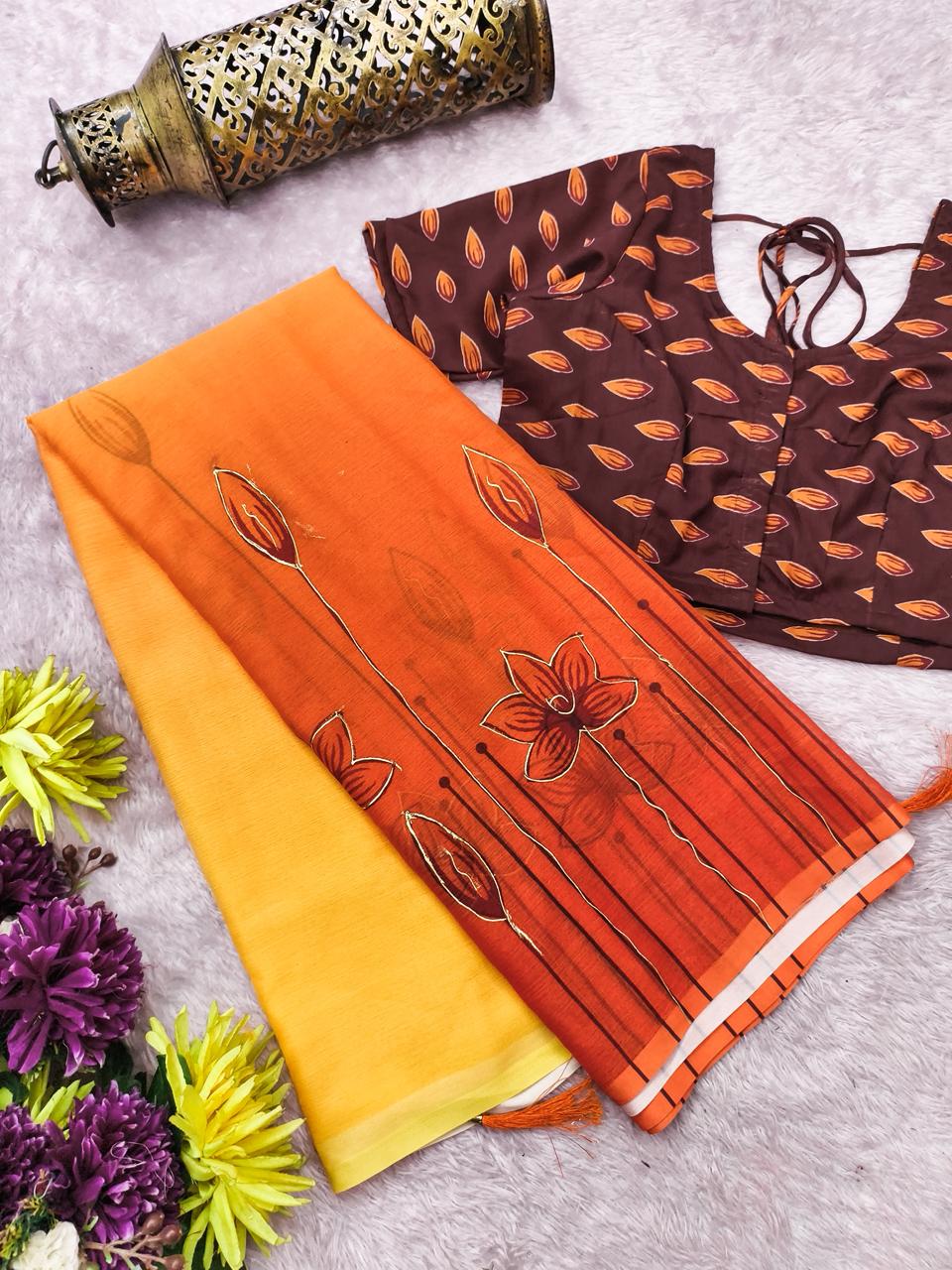 Sunset Amber Digital Print With Foil & Handwork Saree