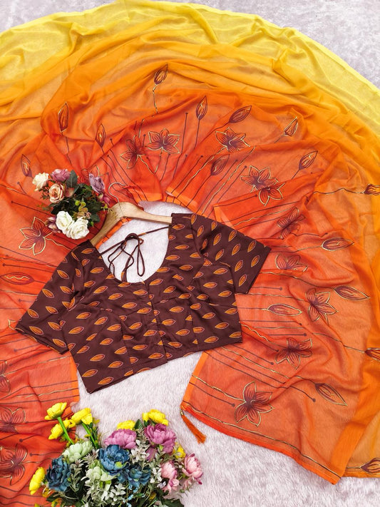 Sunset Amber Digital Print With Foil & Handwork Saree