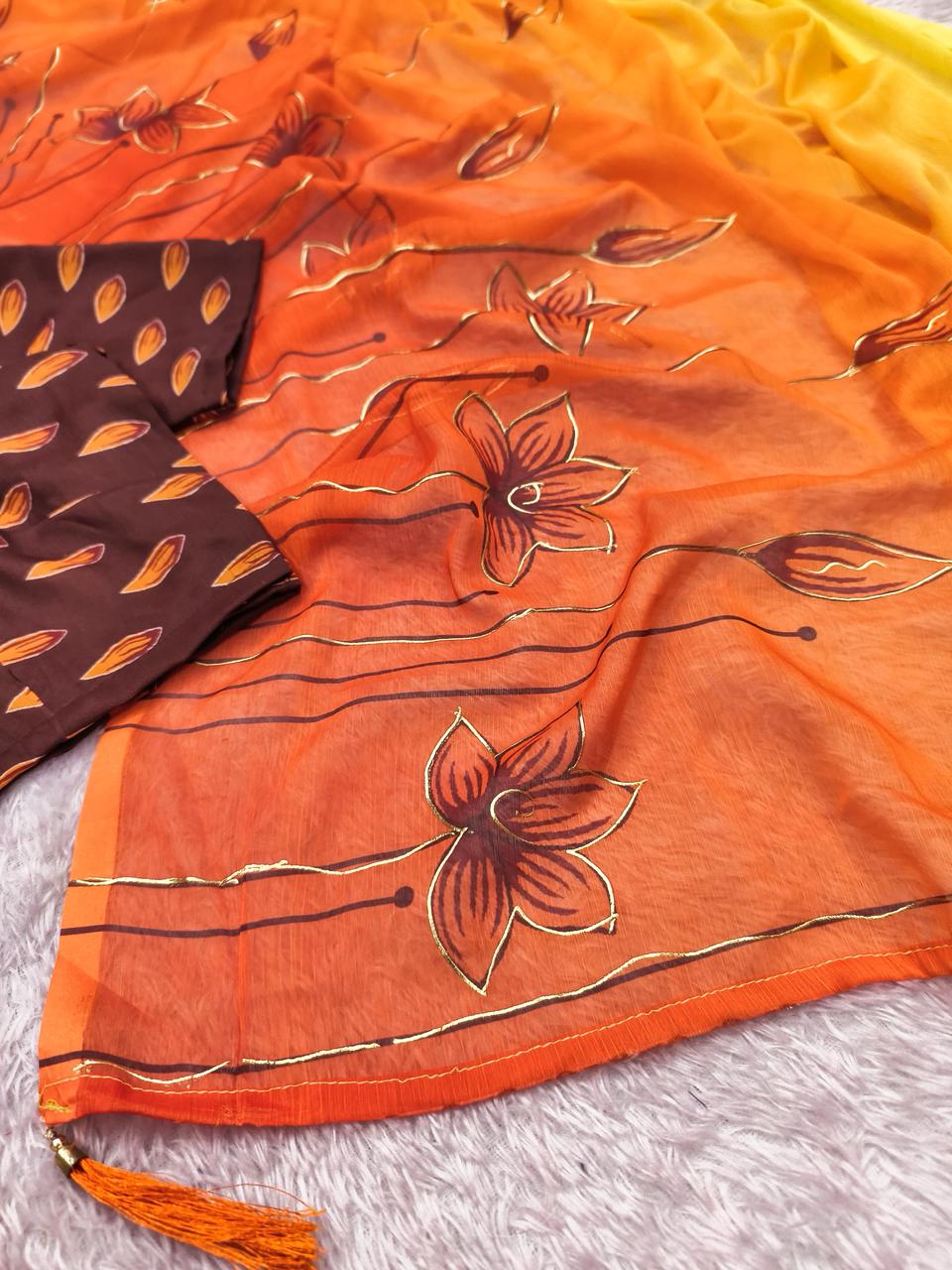 Sunset Amber Digital Print With Foil & Handwork Saree