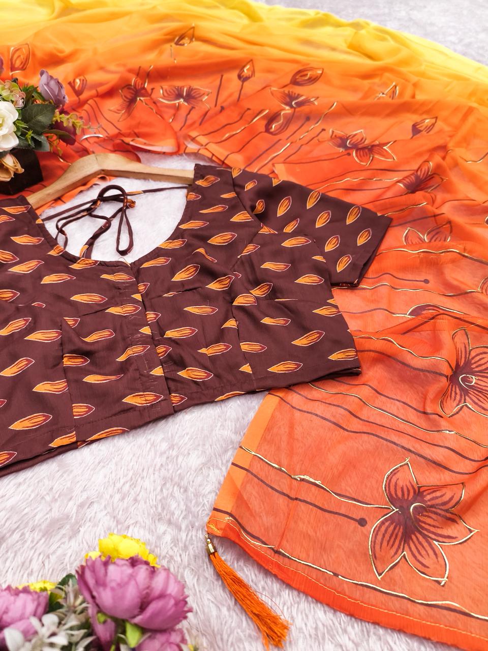 Sunset Amber Digital Print With Foil & Handwork Saree