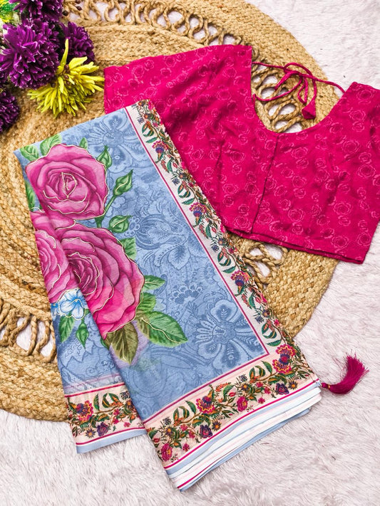 Azure Rose Chiffon Digital Print With Foil Saree