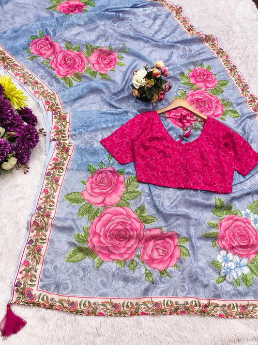 Azure Rose Chiffon Digital Print With Foil Saree