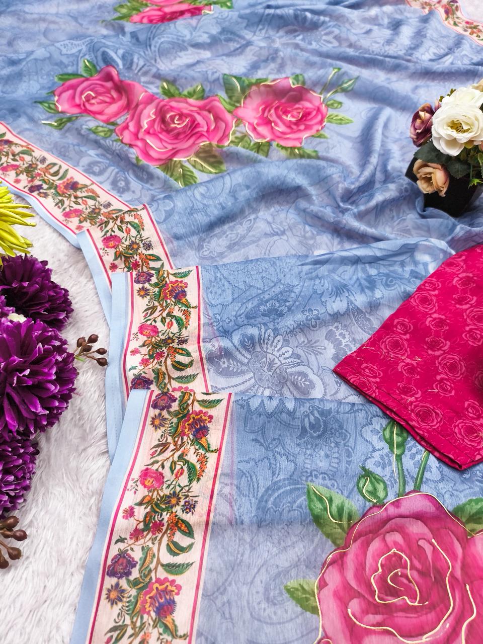 Azure Rose Chiffon Digital Print With Foil Saree