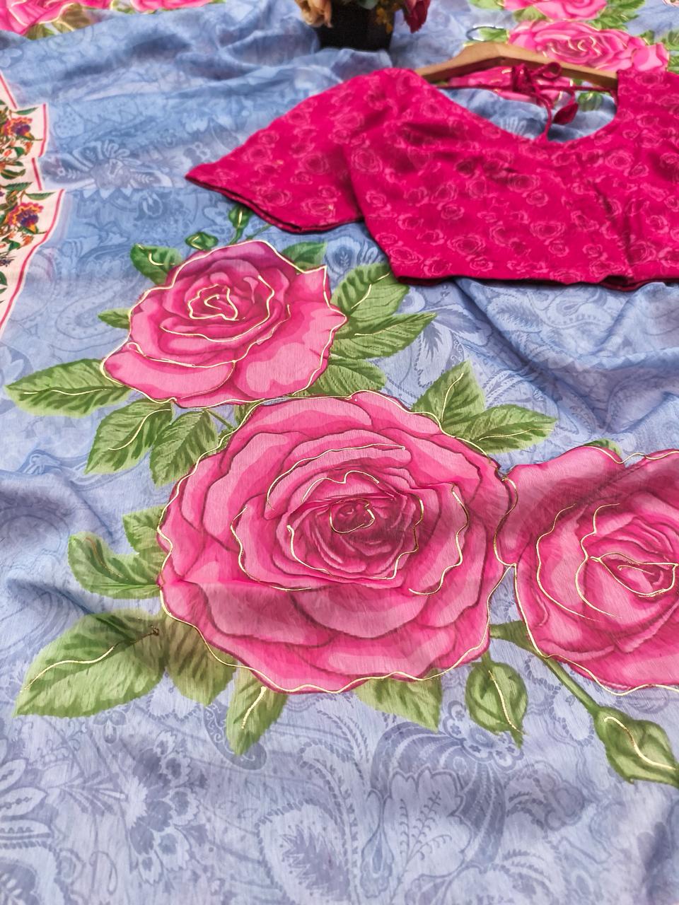 Azure Rose Chiffon Digital Print With Foil Saree