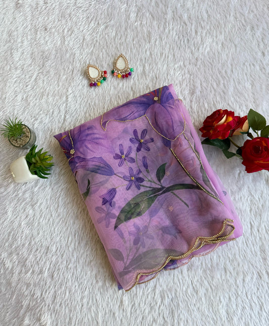 Lavender Lily Poly Organza Saree with Ruffled Blouse