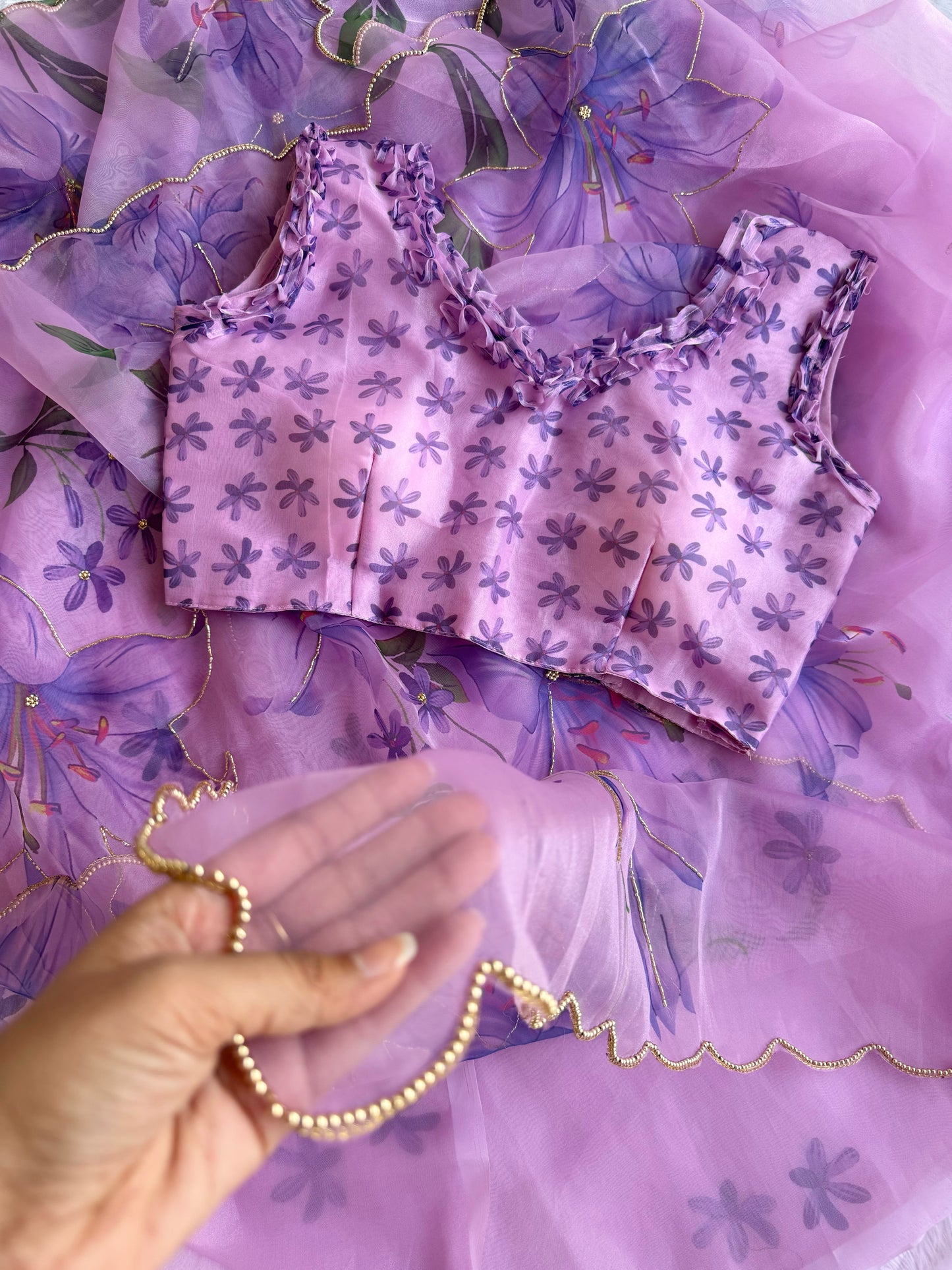 Lavender Lily Poly Organza Saree with Ruffled Blouse