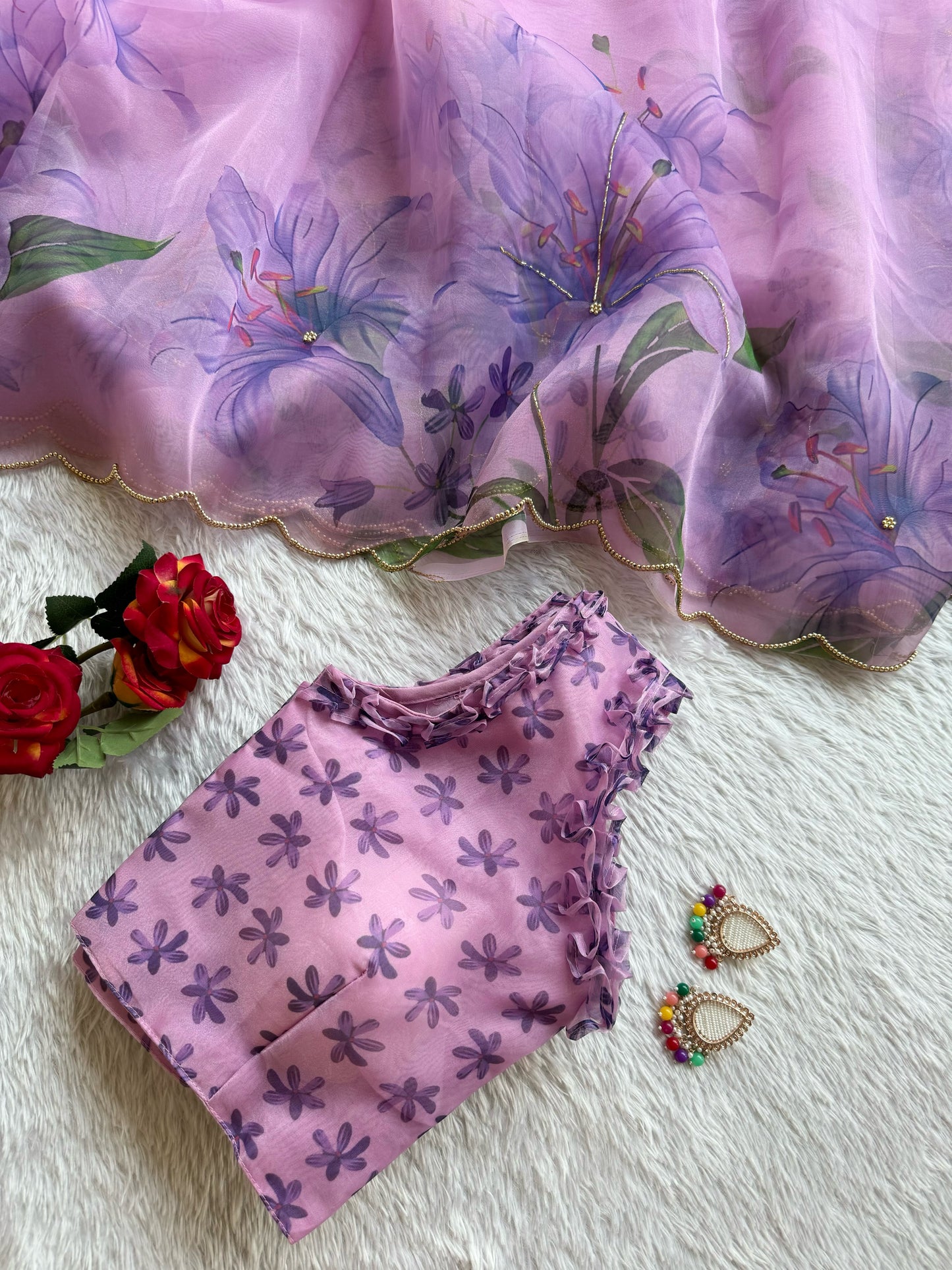 Lavender Lily Poly Organza Saree with Ruffled Blouse