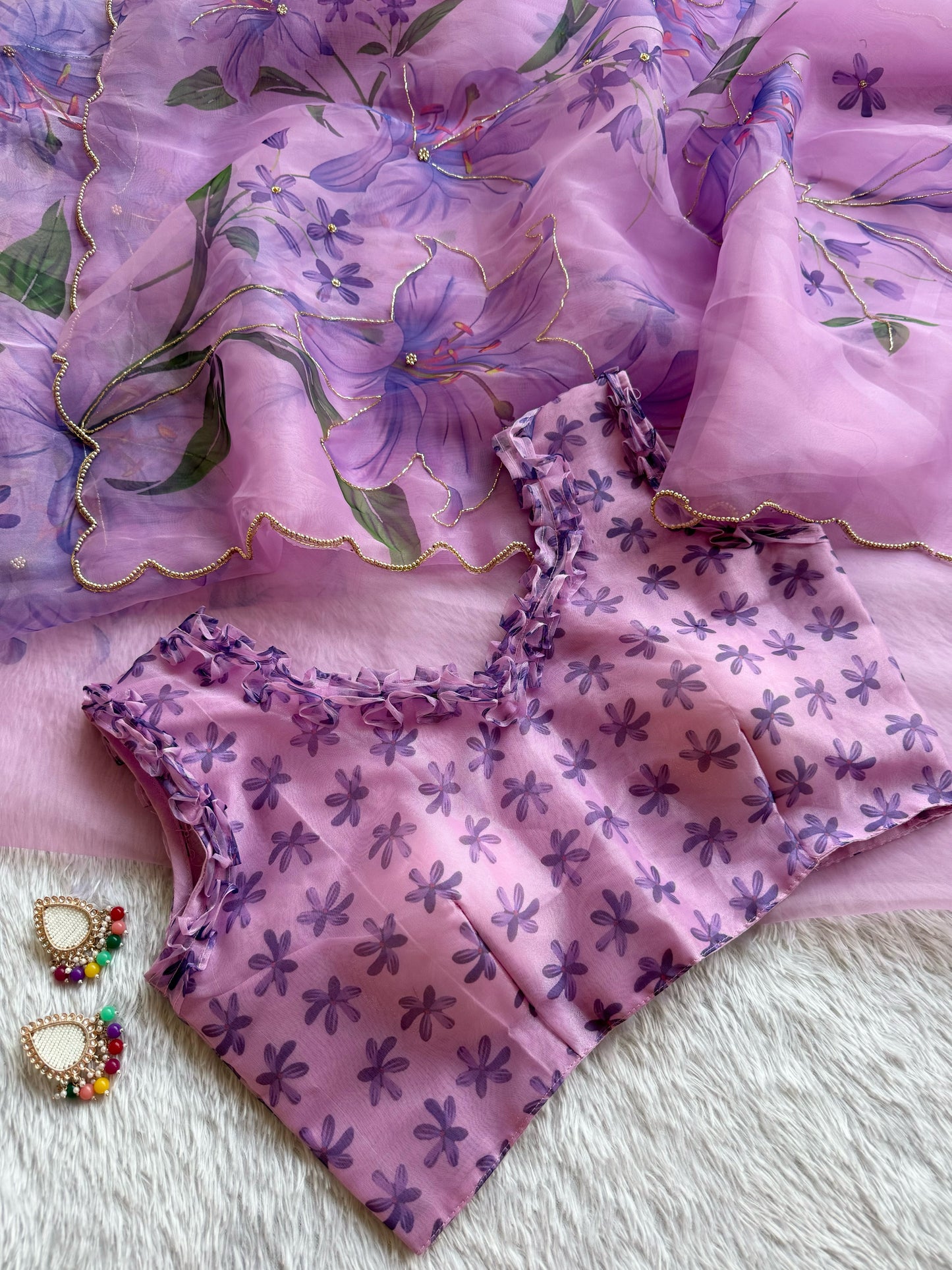 Lavender Lily Poly Organza Saree with Ruffled Blouse